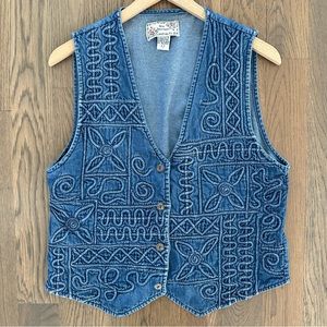 Anthropologie Vintage Embroidered Geometric Denim Western Sleeveless Vest Blue L